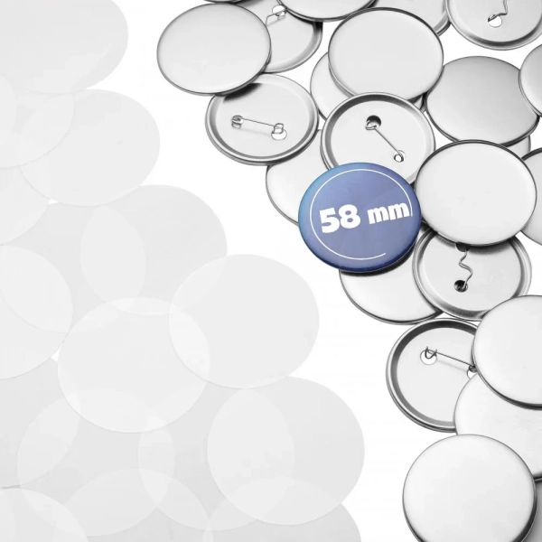 Set 100 componente pentru insigne personalizate 58 mm, blank-uri metalice cu ac de siguranta si folie transparenta, compatibile cu presa pentru ecusoane [4]