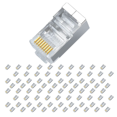 CASA & GRADINA - Set 100 conectori retea RJ45 ecranati Cat6e EZ pass through pentru cablu UTP sau FTP, pini placati cu aur, carcasa metal si plastic