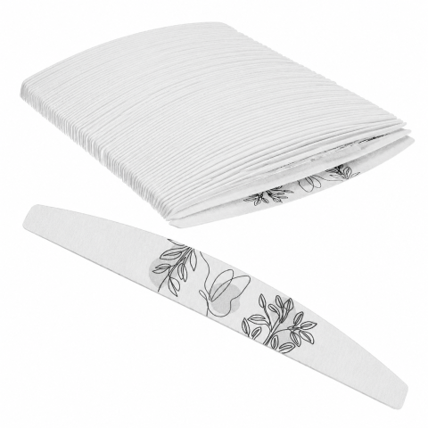 Ustensile îngrijire unghii - Set 100 pile unghii, albe 18 x 3 cm, granulatie 100/180, forma curbata, hartie abraziva cu spuma si miez de intarire, pentru manichiura si pedichiura