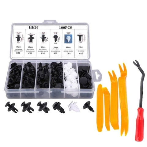 ARTICOLE AUTO - Set 105 cleme clipsuri auto universale, 6 dimensiuni diferite, cu unelte de demontare si cutie organizatoare, pentru caroserie si panouri interioare
