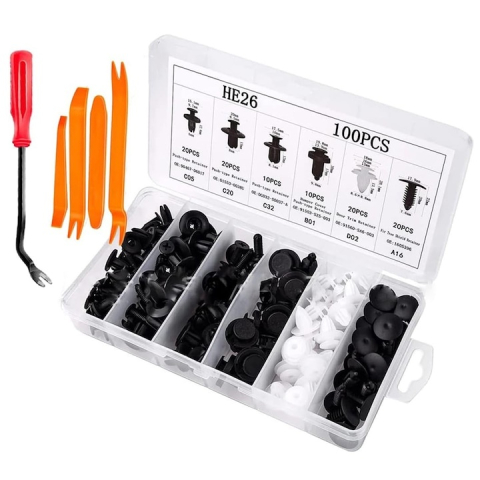 Scule auto - Set 105 piese cleme clipsuri universale pentru reconditionare auto, 6 dimensiuni, cu unelte de demontare, pentru caroserie, panouri si ornamente