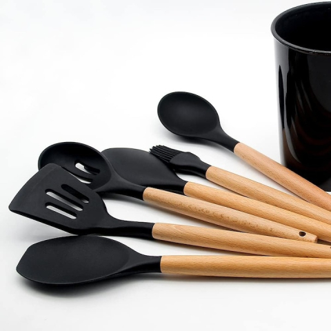 Set 11 ustensile de gatit din silicon, cu manere rezistente din lemn si suport de depozitare, rezistente la caldura, culoare neagra – kit complet pentru bucataria moderna [13]