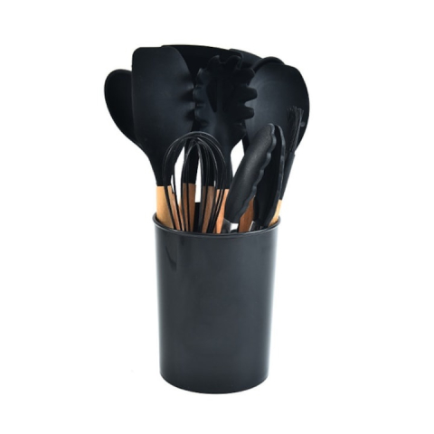Set 11 ustensile de gatit din silicon, cu manere rezistente din lemn si suport de depozitare, rezistente la caldura, culoare neagra – kit complet pentru bucataria moderna [3]