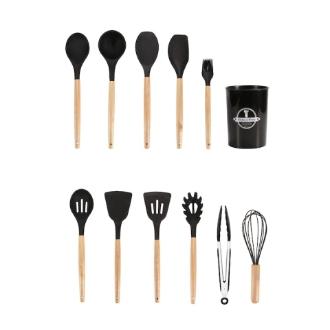 Set 11 ustensile de gatit din silicon, cu manere rezistente din lemn si suport de depozitare, rezistente la caldura, culoare neagra – kit complet pentru bucataria moderna [6]