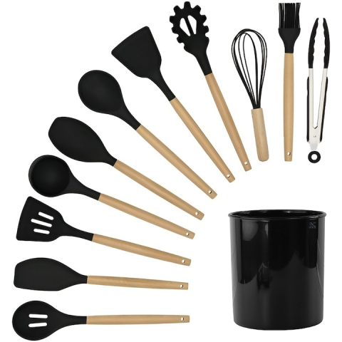 Diverse bucatarie - Set 11 ustensile de gatit din silicon, cu manere rezistente din lemn si suport de depozitare, rezistente la caldura, culoare neagra – kit complet pentru bucataria moderna