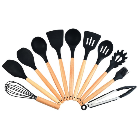 Set 11 ustensile de gatit din silicon, cu manere rezistente din lemn si suport de depozitare, rezistente la caldura, culoare neagra – kit complet pentru bucataria moderna [2]