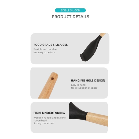 Set 11 ustensile de gatit din silicon, cu manere rezistente din lemn si suport de depozitare, rezistente la caldura, culoare neagra – kit complet pentru bucataria moderna [16]