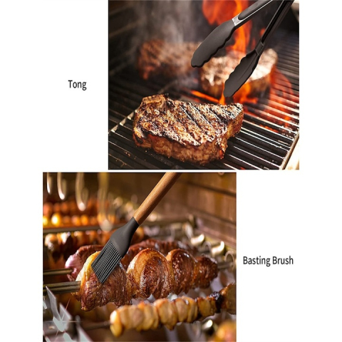 Set 11 ustensile de gatit din silicon, cu manere rezistente din lemn si suport de depozitare, rezistente la caldura, culoare neagra – kit complet pentru bucataria moderna [12]