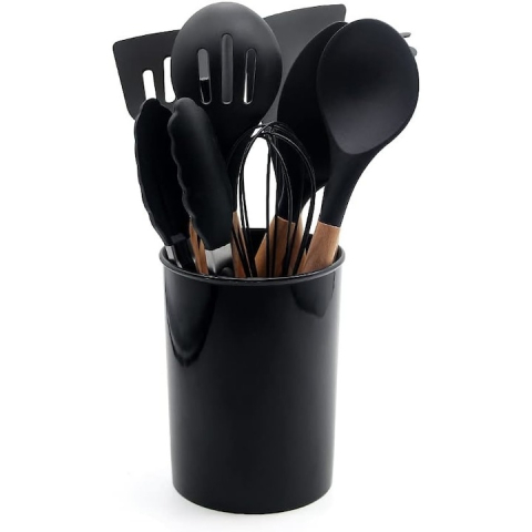 Set 11 ustensile de gatit din silicon, cu manere rezistente din lemn si suport de depozitare, rezistente la caldura, culoare neagra – kit complet pentru bucataria moderna [4]