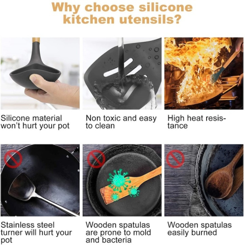 Set 11 ustensile de gatit din silicon, cu manere rezistente din lemn si suport de depozitare, rezistente la caldura, culoare neagra – kit complet pentru bucataria moderna [7]