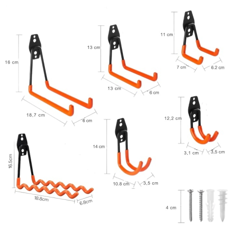Set 12 carlige metalice perete pentru organizare garaj, suport scule, bicicleta, furtun, montaj inclus, negru portocaliu [6]