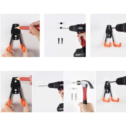 Set 12 carlige metalice perete pentru organizare garaj, suport scule, bicicleta, furtun, montaj inclus, negru portocaliu [5]