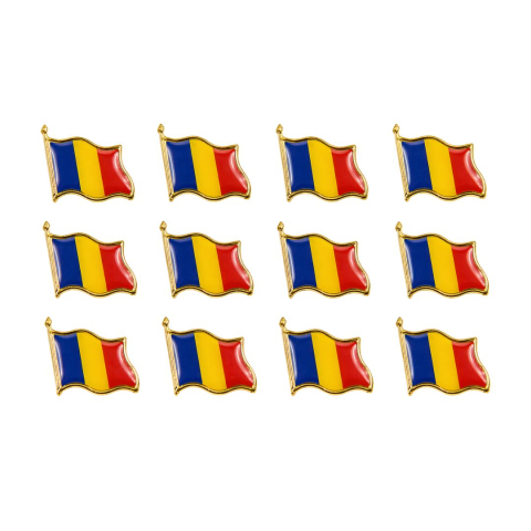 Insigne - Set 12 insigne steag tricolor Romania din metal auriu cu email, model brosa cu ac de siguranta, 20 x 20 mm