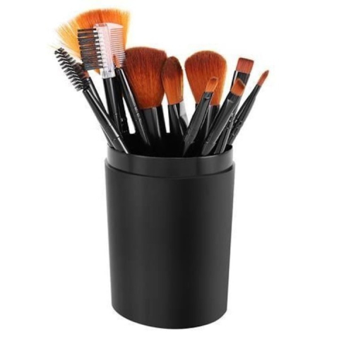 COSMETICE - Set 12 pensule de machiaj, cu suport, peri sintetici, colectie completa pentru ten, ochi si buze, negru