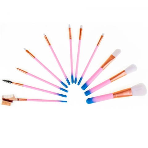 Set 12 pensule de machiaj, cu suport, peri sintetici fini, editie Rainbow Love, pentru machiajul tenului, ochilor si buzelor [1]