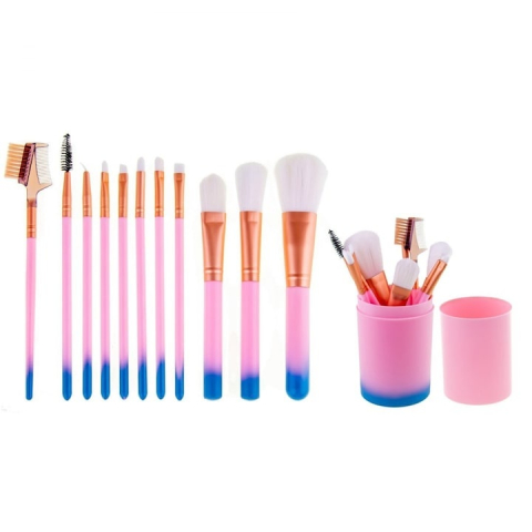 Set 12 pensule de machiaj, cu suport, peri sintetici fini, editie Rainbow Love, pentru machiajul tenului, ochilor si buzelor [2]
