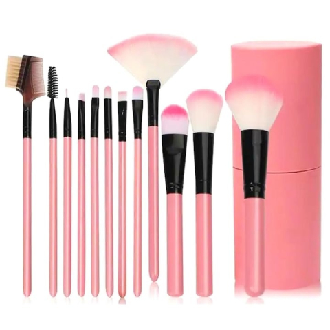 COSMETICE - Set 12 pensule pentru machiaj, cu cutie de depozitare, peri sintetici din nailon si manere din plastic, 18x5x6.5 cm, roz piersica – kit complet pentru un machiaj impecabil