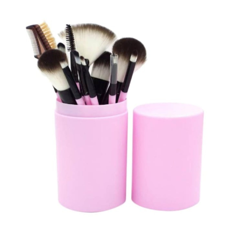 COSMETICE - Set 12 pensule pentru machiaj, peri sintetici, manere usoare, cutie eleganta pentru depozitare, ideal pentru machiaj complet al fetei, roz deschis
