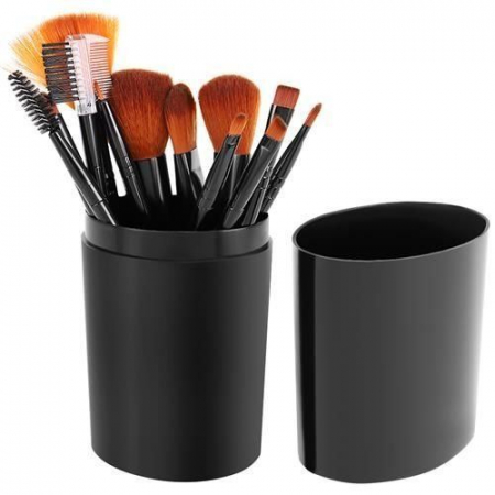 Cosmetice fata - Set 12 pensule de machiaj,make up,manere din lemn,suport din plastic - Negru