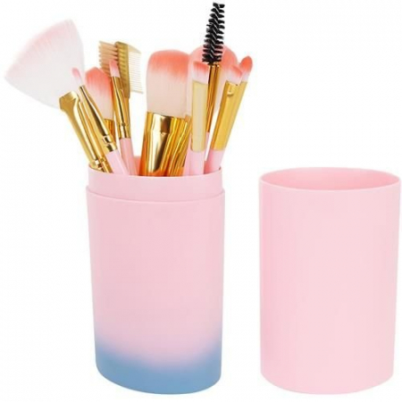 Set 12 pensule de machiaj,make up,manere din lemn,suport din plastic - Roz [1]