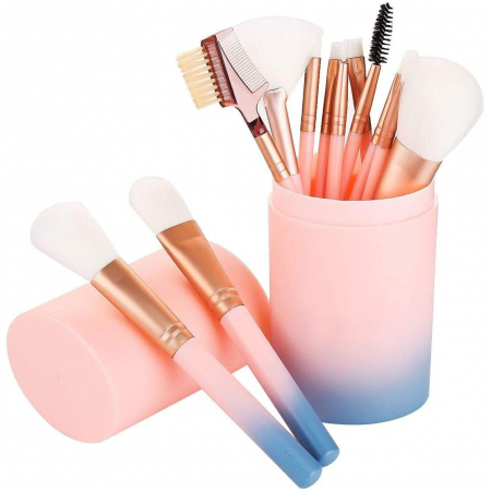 Cosmetice fata - Set 12 pensule de machiaj,make up,manere din lemn,suport din plastic - Roz
