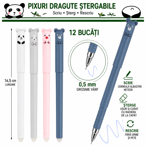 Set 12 pixuri multicolore 14.5 cm scrie-sterge cu cerneala albastra, varf 0.5 mm [3]