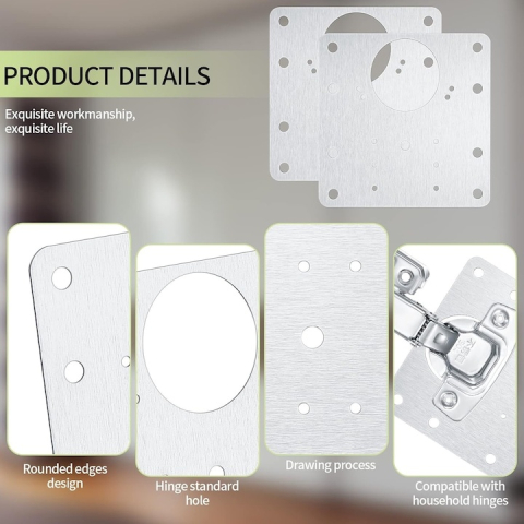 Set 12 placi pentru repararea balamalelor mobilier, inox rezistent, 72 suruburi incluse, 9 x 9 cm, argintiu [1]