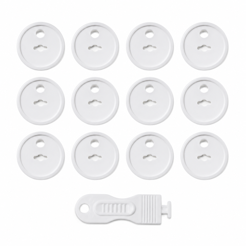 Set 12 Protectii pentru Prize cu Cheie de Deblocare, Sistem de Siguranta pentru Copii, Capace Protectie din ABS, Alb, 3.7 x 2.3 cm