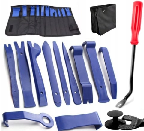 Mentenanță auto - Set 12 unelte pentru demontare tapiterie auto, extractoare clipsuri si ornamente, plastic si metal, albastru, cu husa pentru organizare