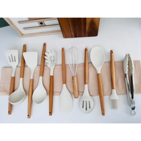 Set 12 ustensile pentru bucatarie, silicon/lemn, antiaderente, suport inclus, alb  [6]