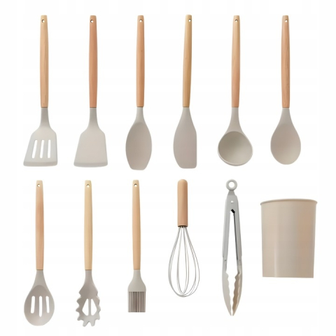 Set 12 ustensile pentru bucatarie, silicon/lemn, antiaderente, suport inclus, alb  [13]