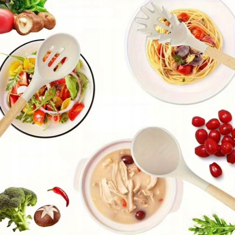 Set 12 ustensile pentru bucatarie, silicon/lemn, antiaderente, suport inclus, alb  [11]