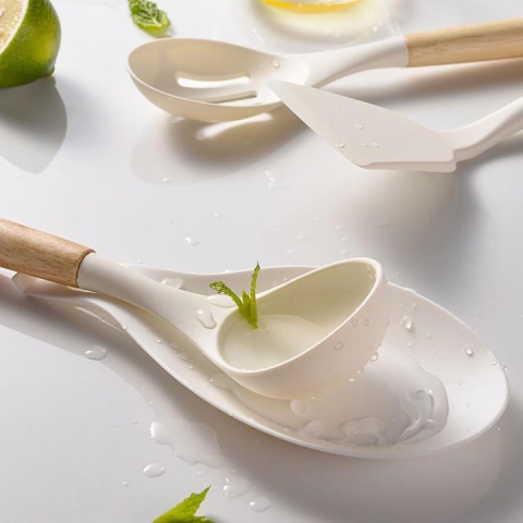 Set 12 ustensile pentru bucatarie, silicon/lemn, antiaderente, suport inclus, alb  [8]