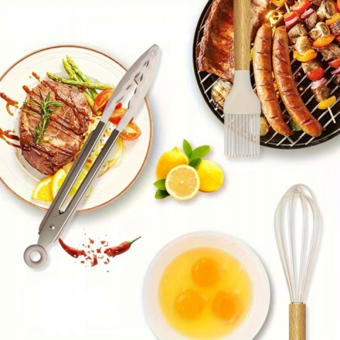 Set 12 ustensile pentru bucatarie, silicon/lemn, antiaderente, suport inclus, alb  [10]