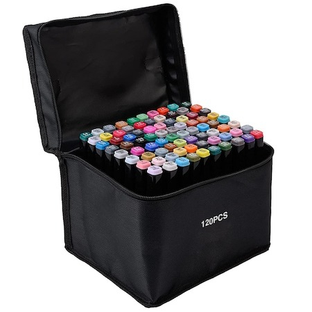 Set pictură și desen - Set de 120 markere colorate,1 varf rotund subtire,1 varf inclinat gros,geanta depozitare inclusa
