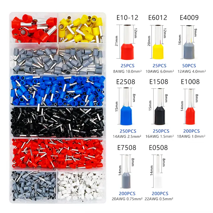Set 1200 pini terminali electrici izolati, 0.5-10 mm² AWG22-8, 8 dimensiuni, conectori tubulari multicolori pentru sertizare, cutie organizatoare [3]