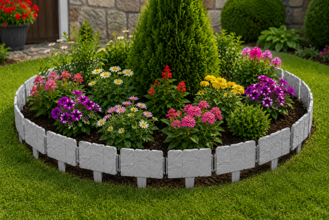CASA & GRADINA - Set 15 borduri decorative pentru gradina, imitatie piatra, modulare, fixare in sol, 25 x 23 cm fiecare, gri