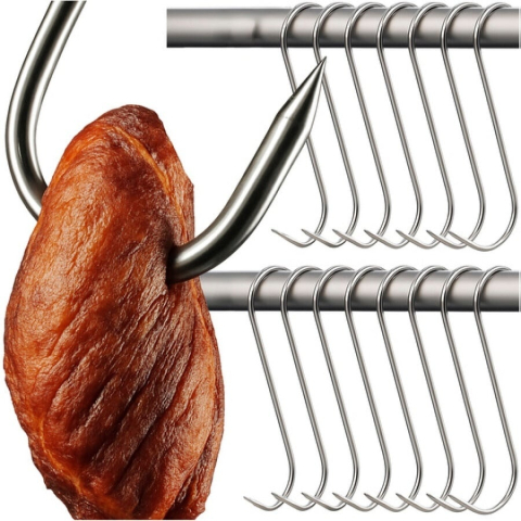 Set 15 carlige pentru suspendare carne, argintii 13.5 cm, grosime 2.8 mm, inox rezistent tip S cu capat ascutit, pentru afumare, uscare si macelarie [2]