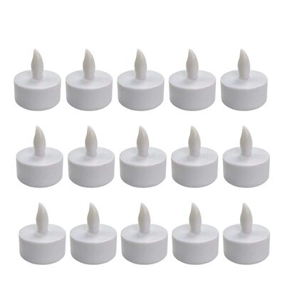 Set 15 lumanari decorative LED albe 4.1 x 3.9 cm, iluminare galbena, efect de flacara, 45 baterii LR41 AG3 incluse, pentru decor mese, petreceri si sarbatori