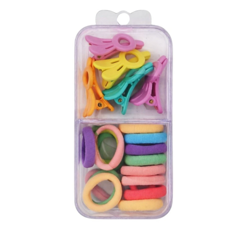Set 18 elastice par 1.5 cm si 5 cleme 3 cm model iepuras, cutie organizator transparenta, multicolor [2]