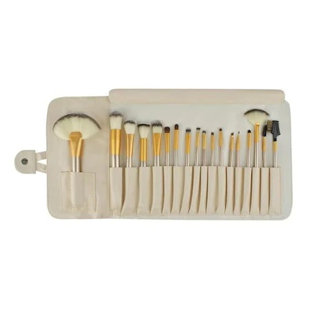 Set 18 pensule de machiaj,make up,manere din lemn,borseta din piele ecologica - Crem [1]