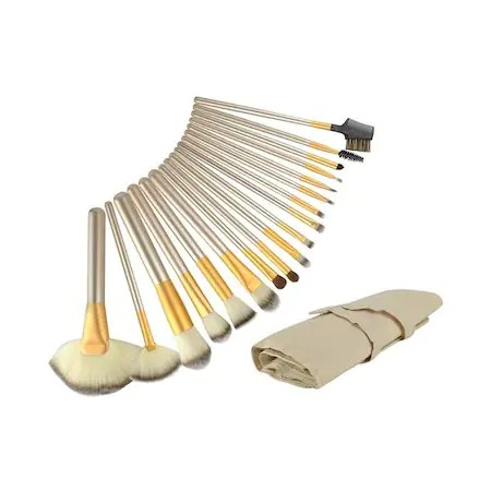 Cosmetice fata - Set 18 pensule de machiaj,make up,manere din lemn,borseta din piele ecologica - Crem