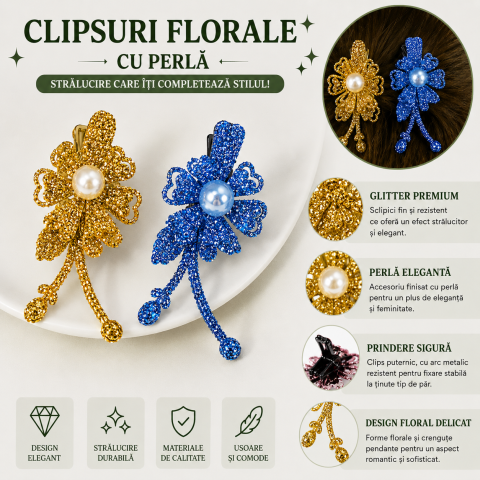 Set 2 agrafe de par aurie si bleu 5 x 2 cm, model floral metalizat, accesorii moderne pentru coafuri elegante [3]