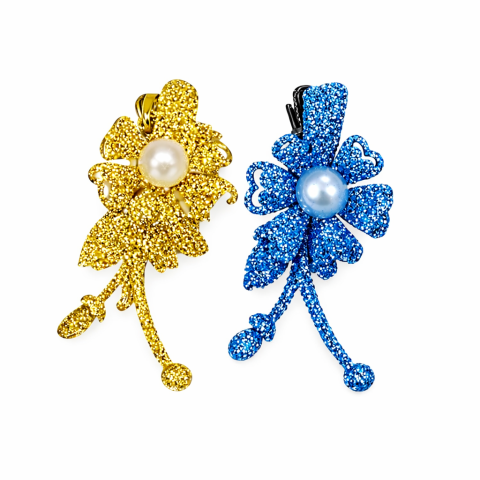 CASA & GRADINA - Set 2 agrafe de par aurie si bleu 5 x 2 cm, model floral metalizat, accesorii moderne pentru coafuri elegante