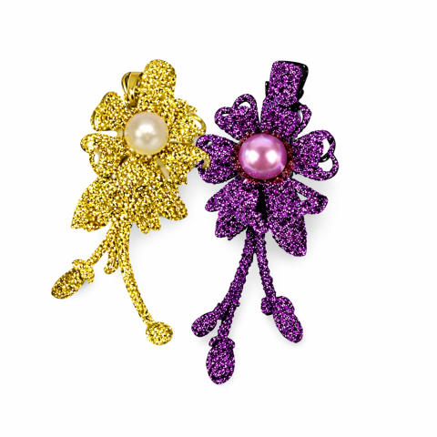 CASA & GRADINA - Set 2 agrafe de par aurie si mov 5 x 2 cm, model floral metalizat, accesorii decorative pentru par, fixare sigura