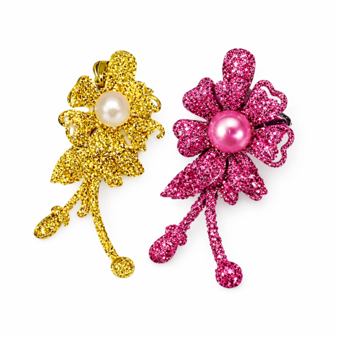 Accesorii par - Set 2 agrafe de par aurie si roz 5 x 2 cm, model floral metalizat, accesorii feminine pentru prinderea parului