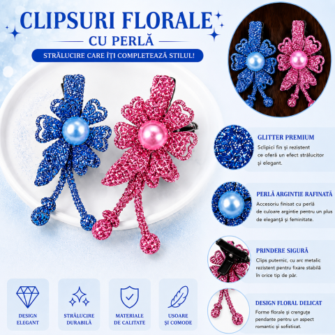Set 2 agrafe de par bleu si roz 5 x 2 cm, model floral metalizat, accesorii moderne pentru par, fixare sigura [3]