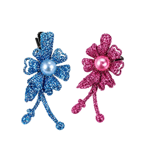 CASA & GRADINA - Set 2 agrafe de par bleu si roz 5 x 2 cm, model floral metalizat, accesorii moderne pentru par, fixare sigura