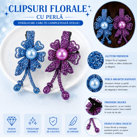 Set 2 agrafe de par mov si bleu 5 x 2 cm, model floral metalizat, accesorii elegante pentru coafuri feminine [3]