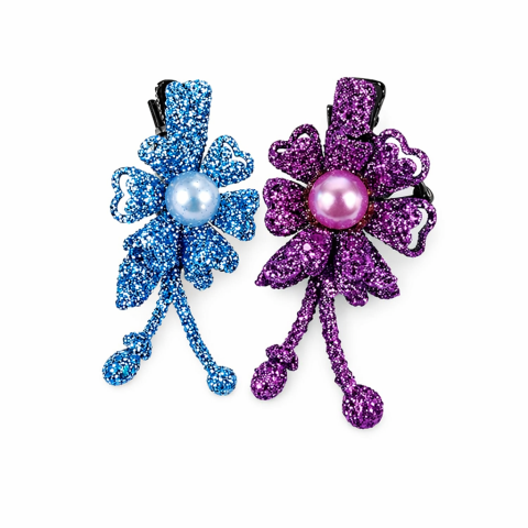 CASA & GRADINA - Set 2 agrafe de par mov si bleu 5 x 2 cm, model floral metalizat, accesorii elegante pentru coafuri feminine